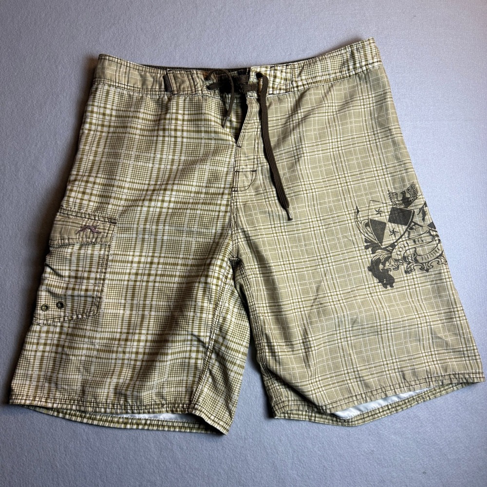 Rusty Mens‎ Plaid Board Shorts Tan White Graphic Crest Cargo Pocket Size 34